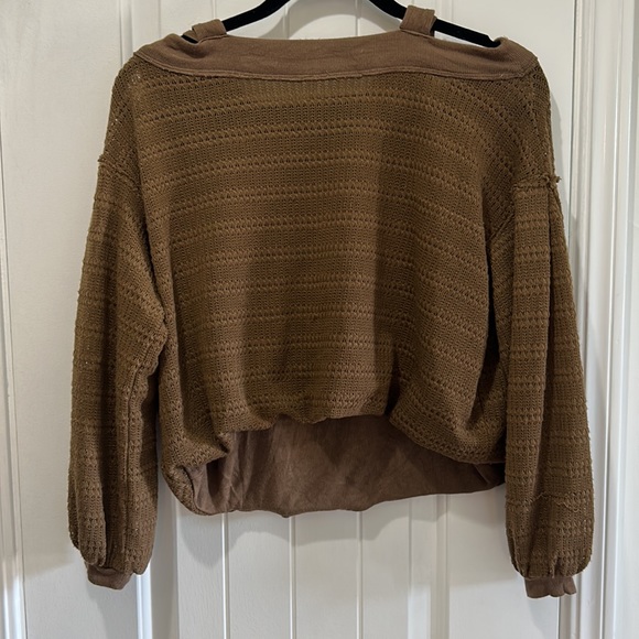 Free People Brown Off the shoulder shirt semi cropped long sleeve waffle top - Picture 9 of 15